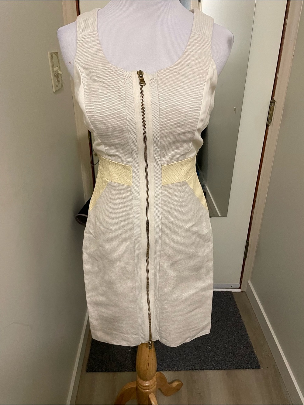 Club Monaco Cream Sheath Dress w/ genuine leather accents